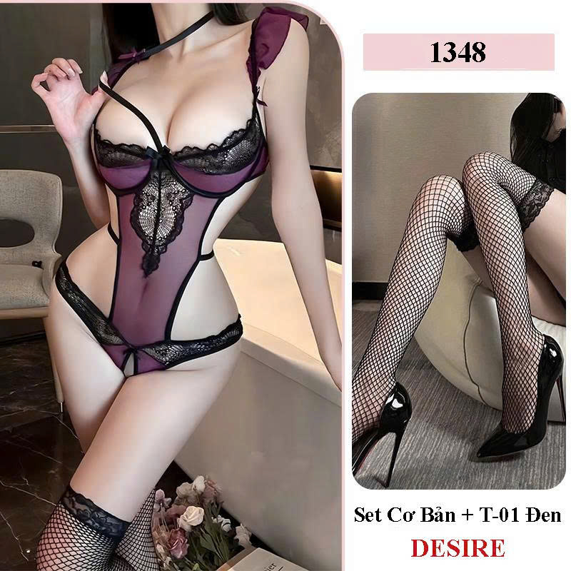 Desire Store, Bodysuit Lót Ren Xuyên Thấu Quyến Rũ - Đồ Lót Sexy Liền Thân Phối Lưới Cao Cấp DESIRE 1348 (Alluring Sheer Lace Bodysuit – Premium Sexy Mesh One-Piece Lingerie DESIRE 1348) - Set Cơ Bản Tím + T-01 Đen image 11 of 12