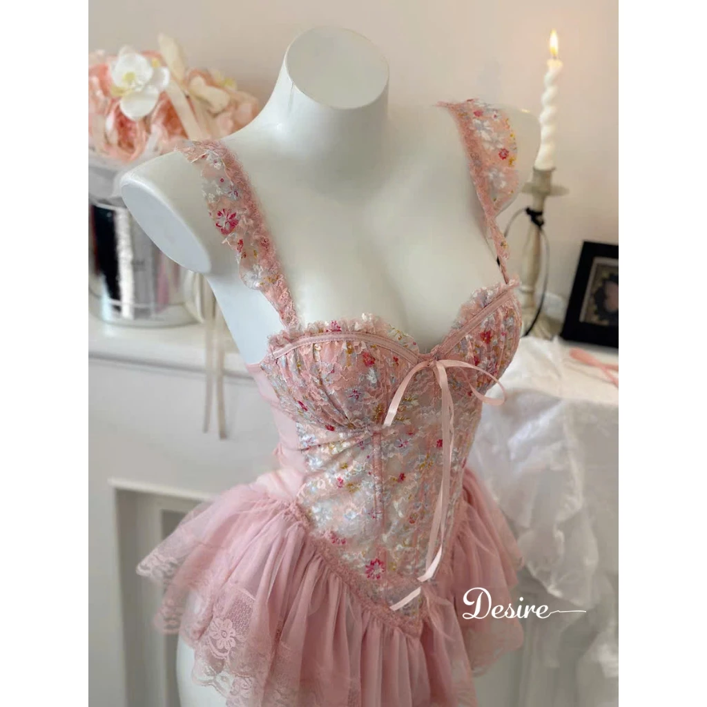 Desire Store, Váy ngủ tiểu thư - Đầm ngủ hoa nhí hai dây corset cúp ngưc kèm chip và đai sexy, gợi cảm DESIRE 1208 - Hồng đậm (ko tất), L (53-63Kg) image 12 of 14