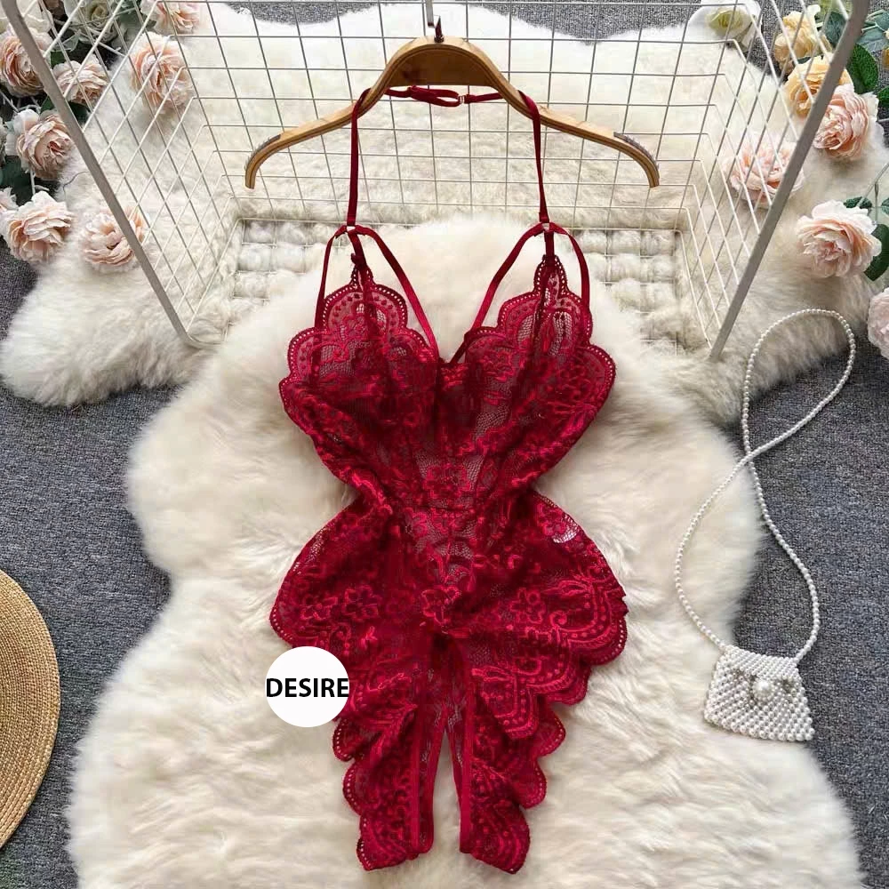 Desire Store, Bộ Váy ngủ liền thân Bodysuit ren mềm xẻ đáy Jump ren gợi cảm sexy VN-8250-1 - Đỏ, L image 9 of 11