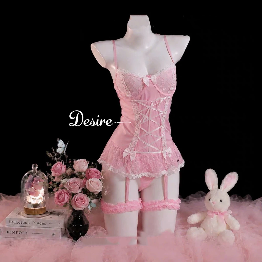 Desire Store, 6467 Bodysuit ren đính nơ có gọng kèm dây đeo tất sexy hàng cao cấp loại 1 DESIRE - Hồng không tất image 10 of 12