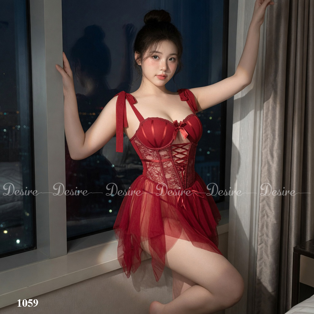 Desire Store, Váy ngủ ren xoè xuyên thấu có mút nâng ngực sexy gợi cảm kèm quần chip DESIRE 1059 (Sexy red lace camisole nightdress with matching panties DESIRE-1059) image 6 of 18