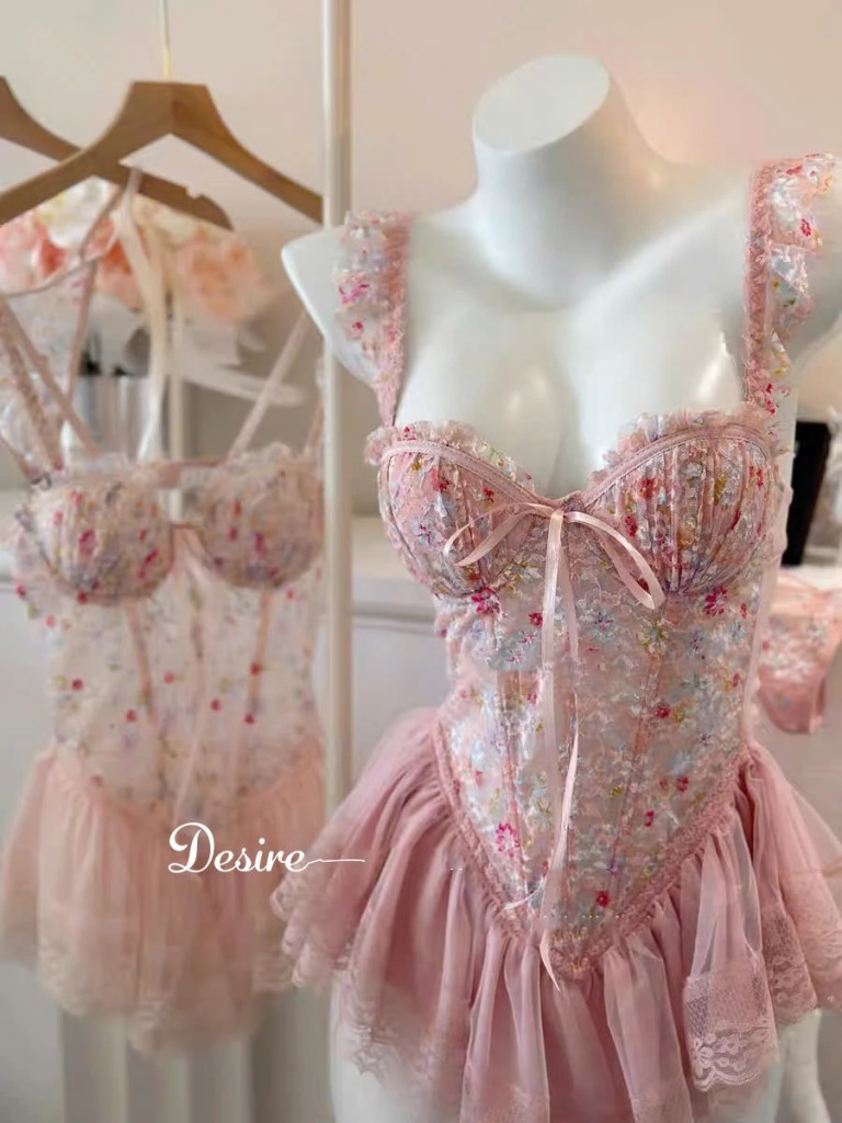 Desire Store, Váy ngủ tiểu thư - Đầm ngủ hoa nhí hai dây corset cúp ngưc kèm chip và đai sexy, gợi cảm DESIRE 1208 image 7 of 14