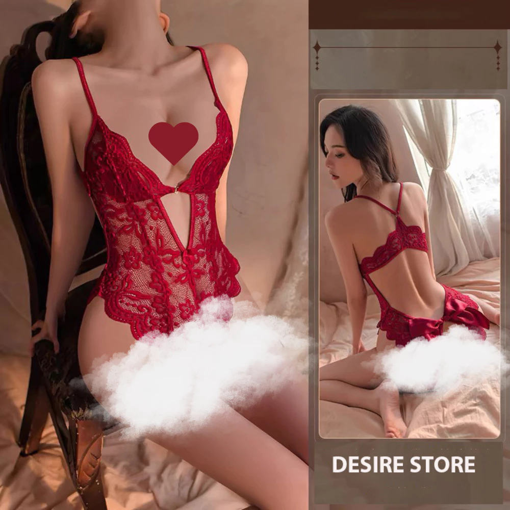 Desire Store, Váy ngủ ren liền thân xẻ đáy cài ngực trước xẻ mông nơ lụa sau gợi cảm sexy DESIRE VN-8748 - ĐỎ, L image 15 of 15