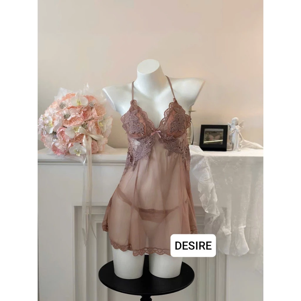 Desire Store, Váy Ngủ Ren Phối Hoa Xuyên Thấu Sexy Cao Cấp Kèm Quần Chip DESIRE VN-1899 - Nâu Nude, XL image 17 of 17