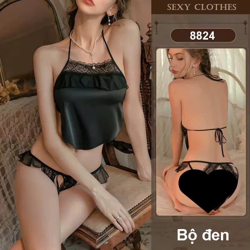 Desire Store, Bồ đồ ngủ yếm lụa phối ren cột dây sexy gợi cảm Hàng loại 1 DESIRE VN-8824 - Bộ Đen, L image 12 of 16