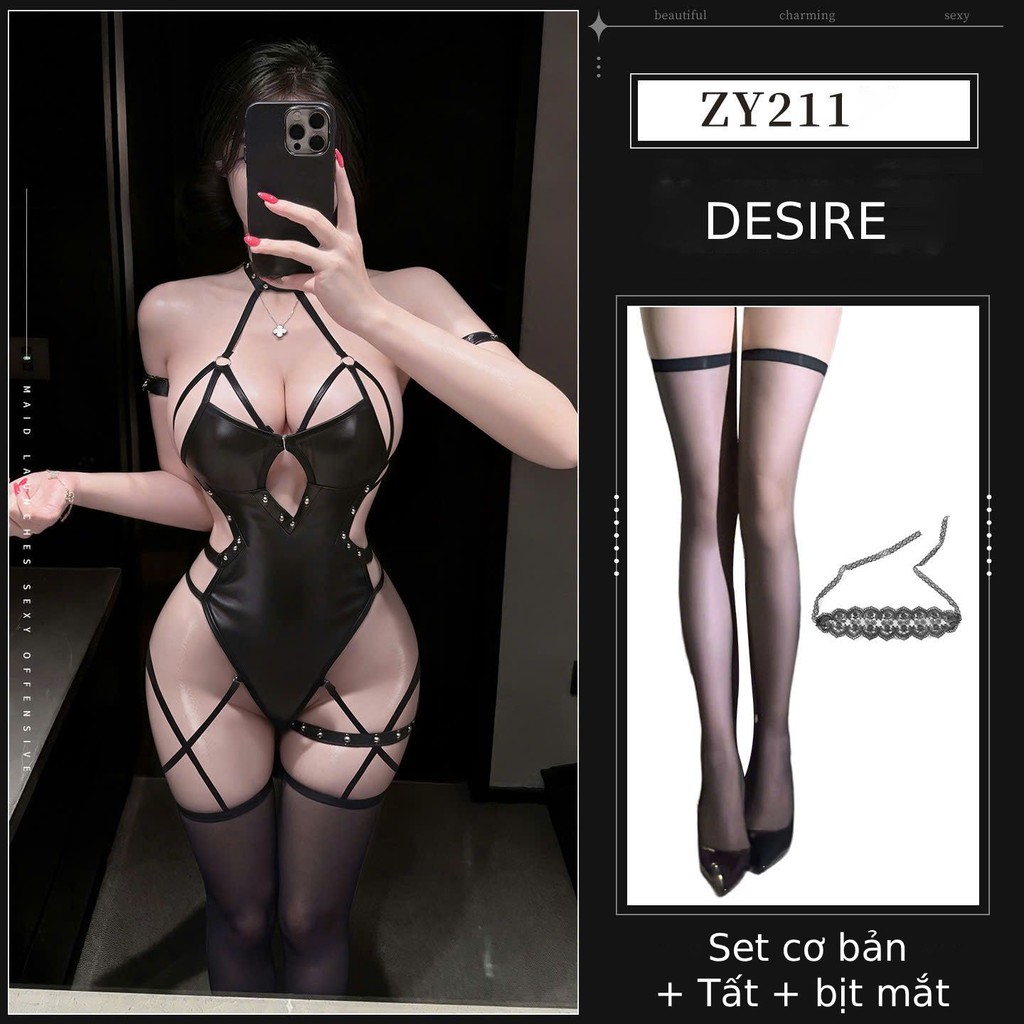 Desire Store, Bộ Bodysuit liền thân chất liệu Da cao cấp loại 1 sexy quyến rũ đầy đủ phụ kiện DESIRE ZY211 (Sexy Leather Bodysuit (Full Set with Accessories) DESIRE ZY211) - Set cơ bản + Tất T-05 + Bịt mắt W23 Đen image 9 of 9