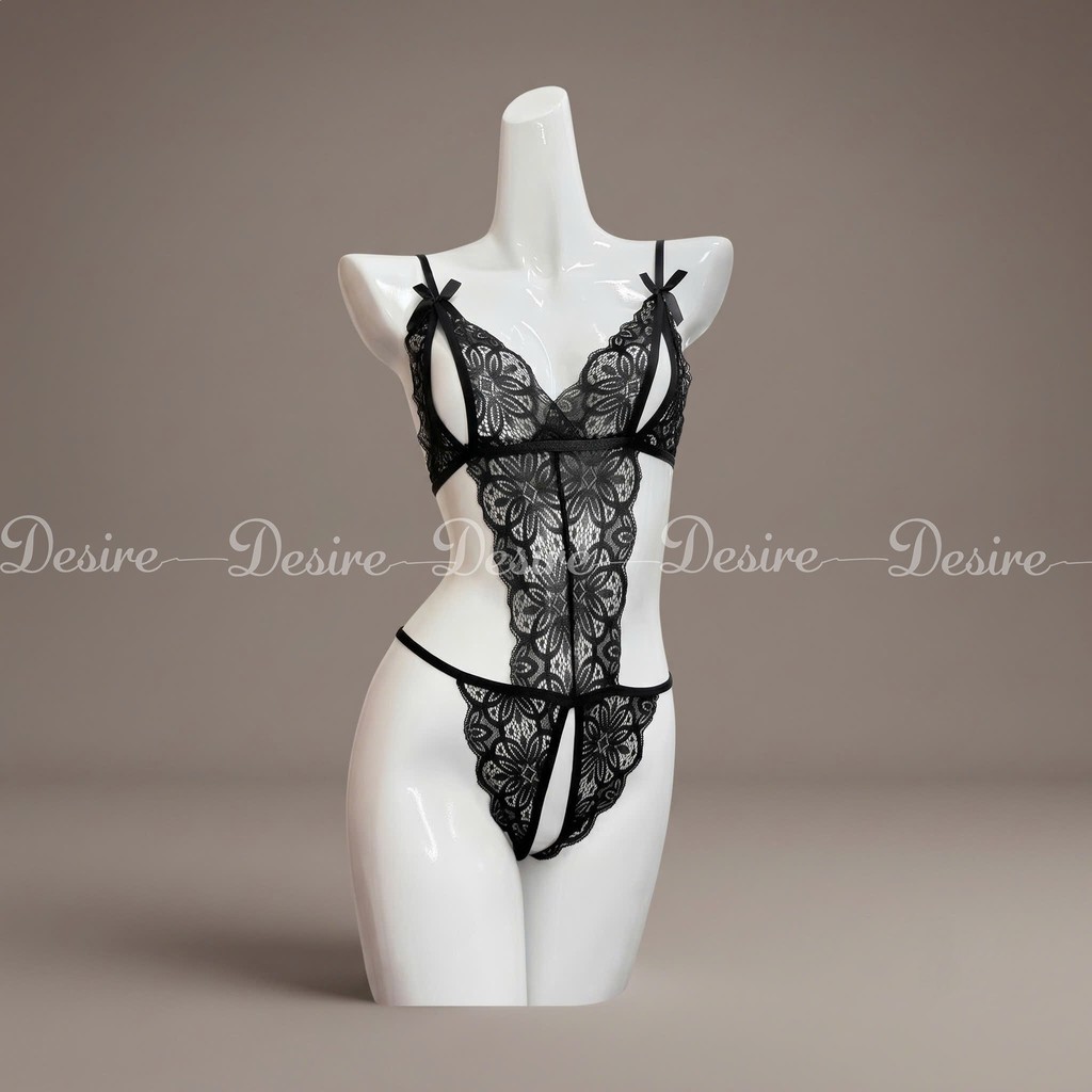 Desire Store, Set đồ lót liền thân ren xẻ đáy và Áo choàng lụa set lót ren gợi cảm sexy VN-8458 - Nội y ren Đen, M (40-54kg) image 15 of 22
