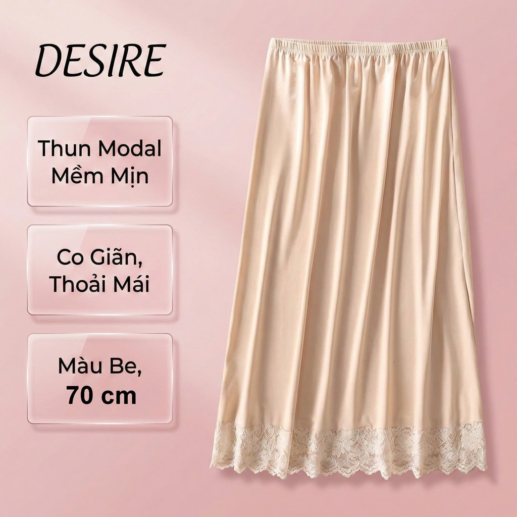 Desire Store, Chân Váy lót thun modal  (gỗ sồi) dáng xòe rộng thoải mái - Chân váy mặc lót thun mịn mát Desire VN-064 - Be 70cm viền ren, XL 61-75kg image 20 of 40
