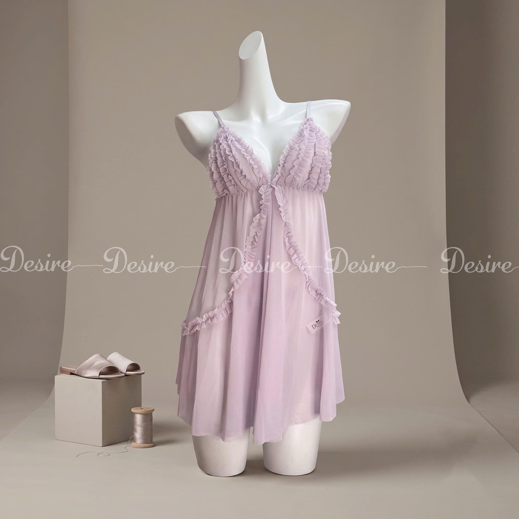 Desire Store, Set Váy Ngủ Voan Mỏng Phối Ren Nhún Bèo Sang Chảnh - Váy Ngủ Gợi Cảm Cao Cấp DESIRE B185 - Váy Tím nhạt, L (60-80Kg) image 12 of 19