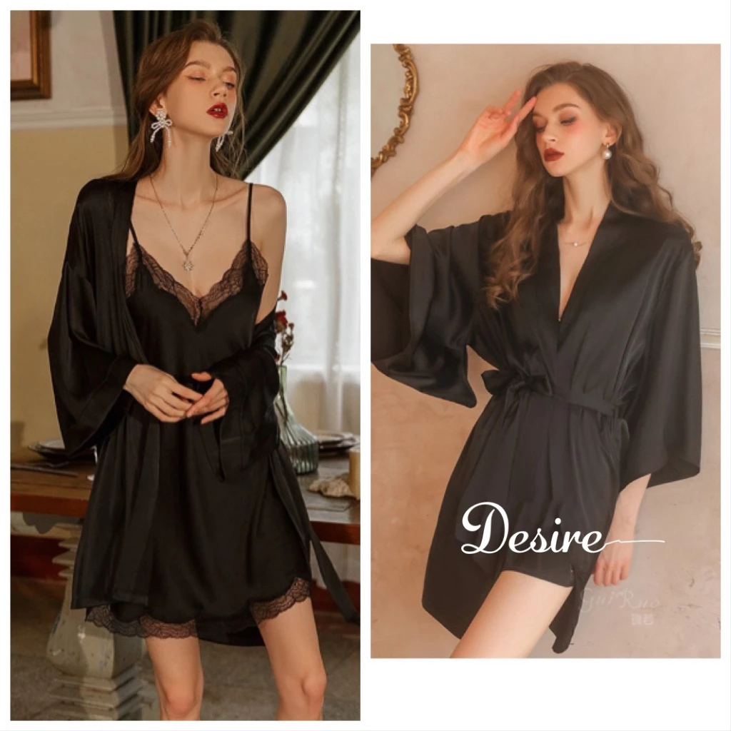 Desire Store, Váy ngủ lụa Đầm ngủ hai dây lụa kèm chip phối ren gợi cảm sexy VN-169 - Váy + choàng đen, M image 19 of 20