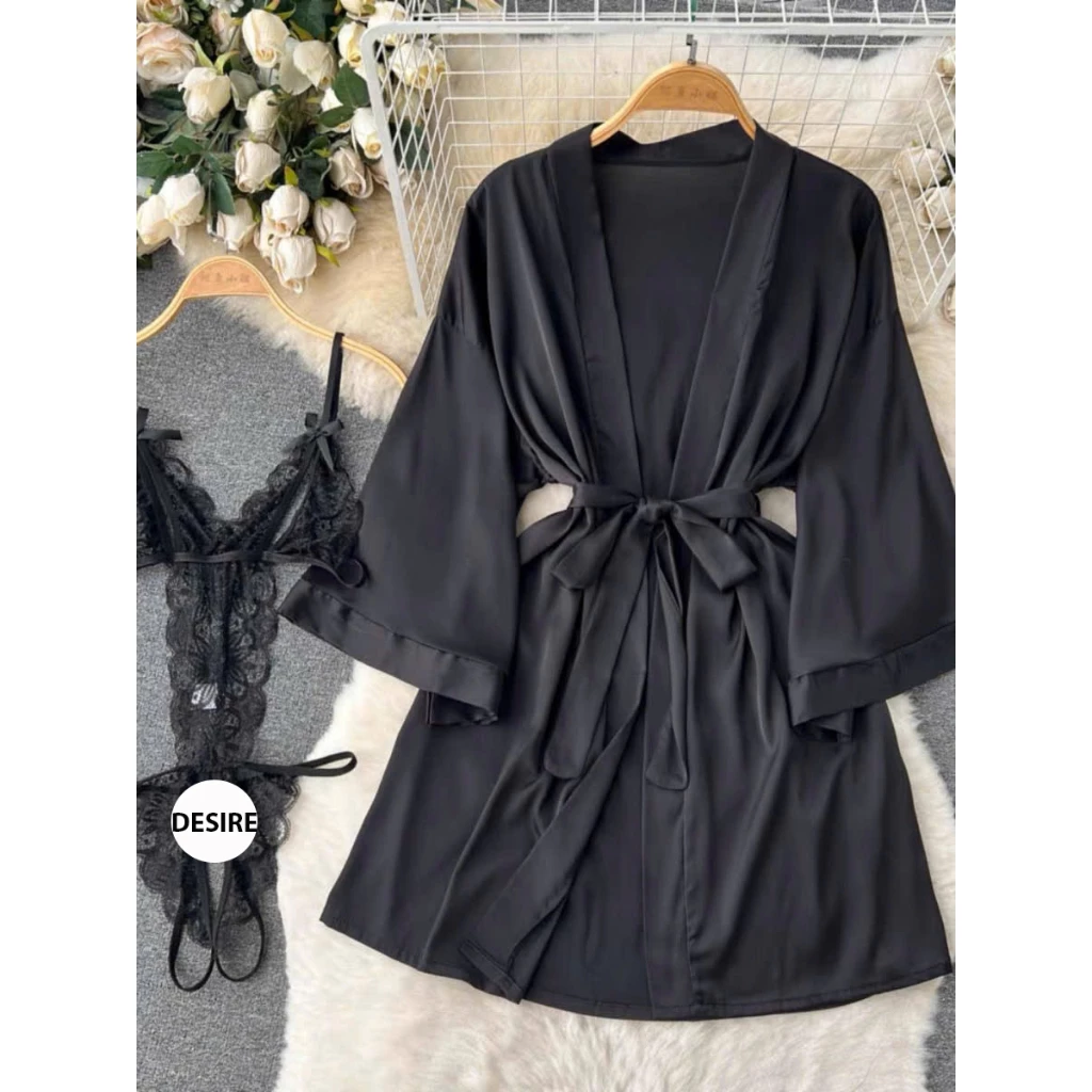 Desire Store, Set đồ lót liền thân ren xẻ đáy và Áo choàng lụa set lót ren gợi cảm sexy VN-8458-1 - Nguyên set đen, L image 20 of 22