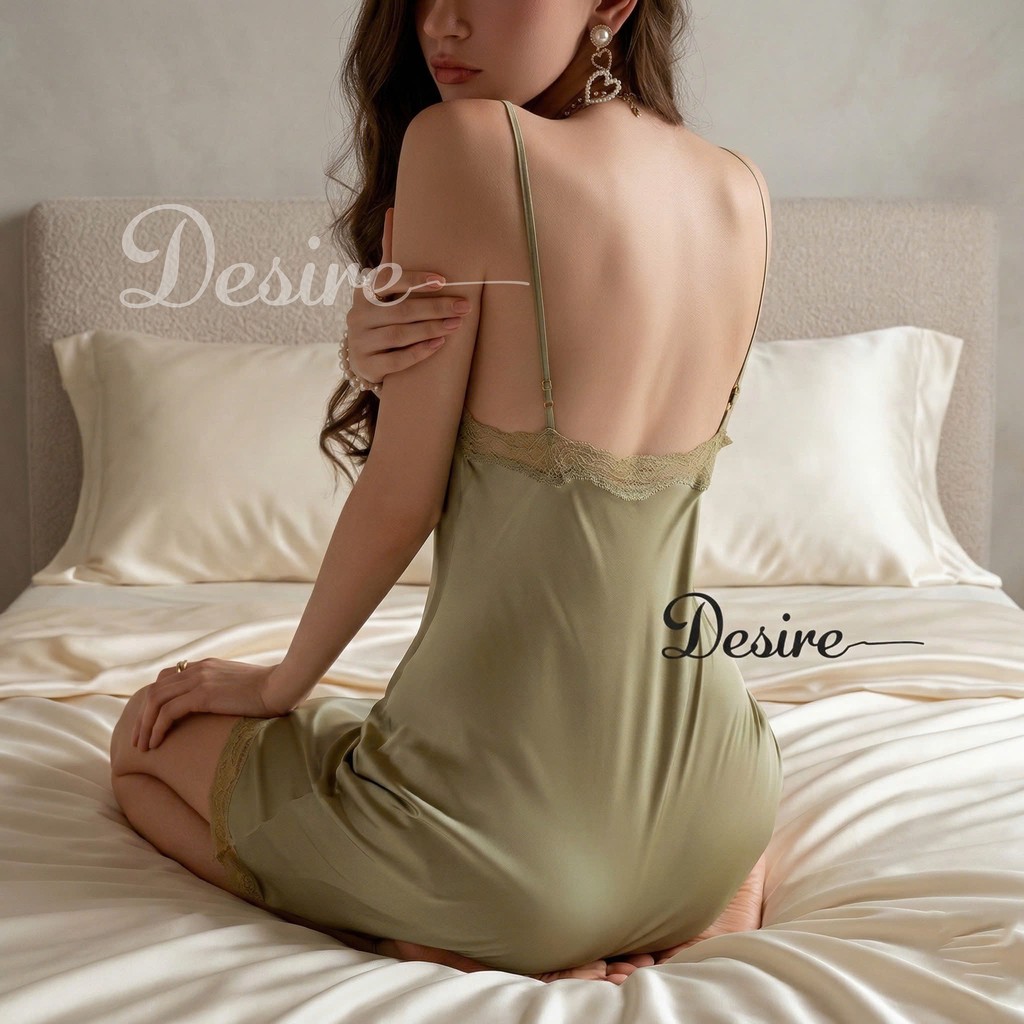 Desire Store, Váy ngủ lụa Đầm ngủ hai dây lụa kèm chip phối ren gợi cảm sexy VN-169-1 image 6 of 32