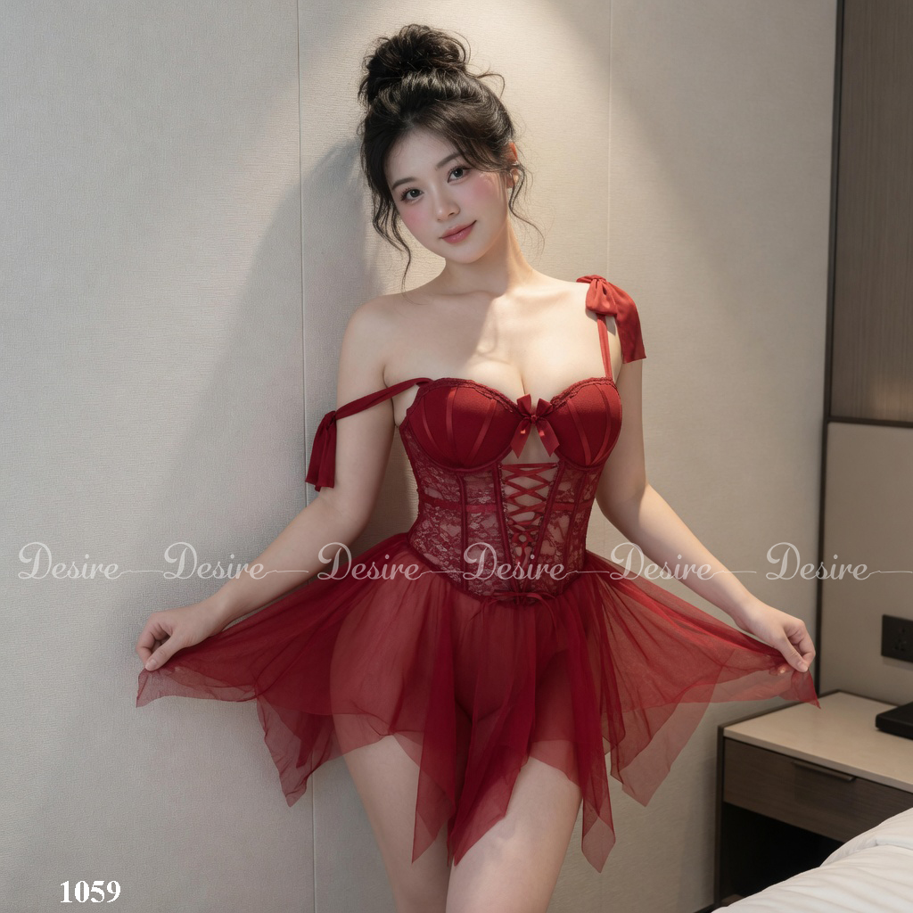 Desire Store, Váy ngủ ren xoè xuyên thấu có mút nâng ngực sexy gợi cảm kèm quần chip DESIRE 1059 (Sexy red lace camisole nightdress with matching panties DESIRE-1059) image 4 of 18