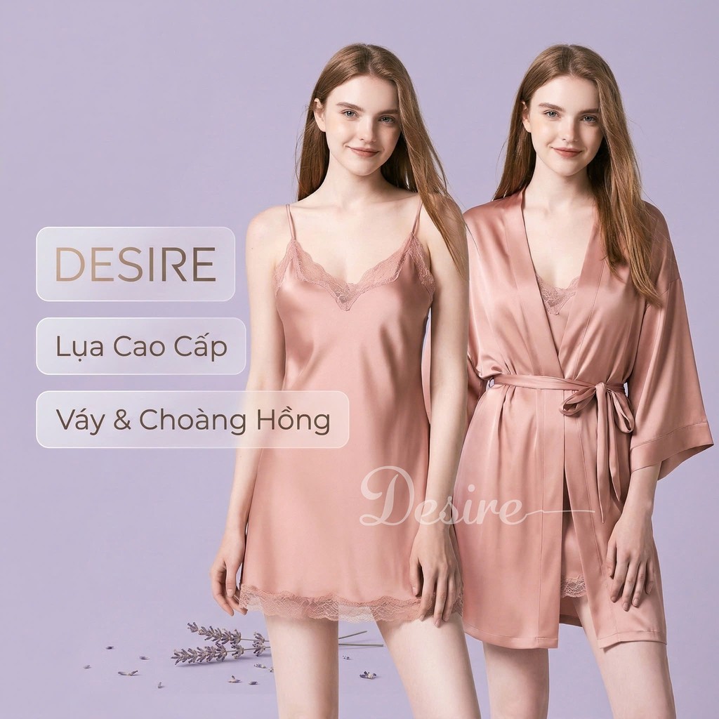 Desire Store, Váy ngủ lụa Đầm ngủ hai dây lụa kèm chip phối ren gợi cảm sexy VN-169-1 - Váy + choàng hồng, M image 23 of 32