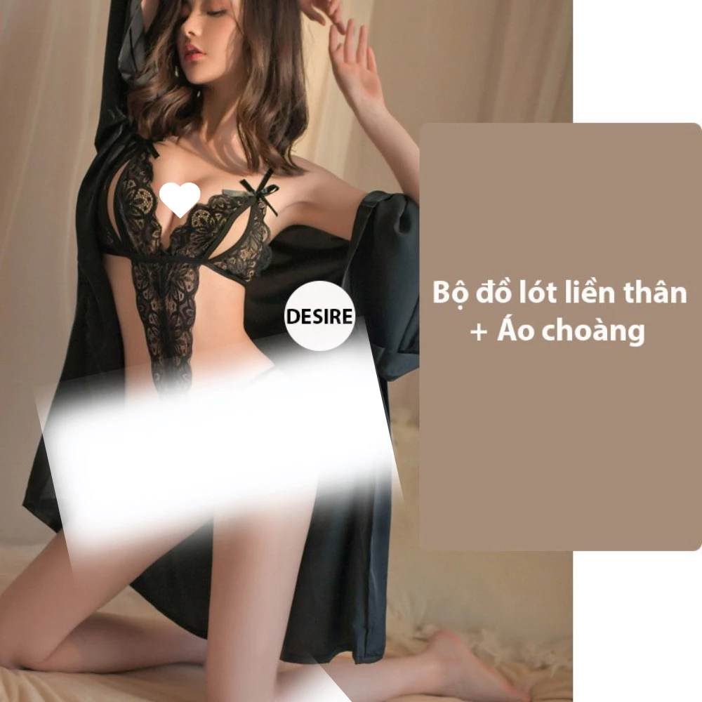 Desire Store, Set đồ lót liền thân ren xẻ đáy và Áo choàng lụa set lót ren gợi cảm sexy VN-8458 - Full set Đen, L (54-65kg) image 17 of 22
