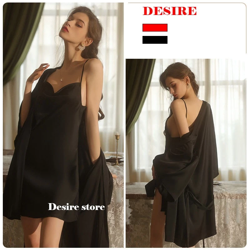 Desire Store, Váy ngủ lụa satin cao cấp -  Váy ngủ hai dây thiết kế cổ đổ hở lưng tôn dáng sexy DESIRE 1910 - Váy đen+Choàng+Chip, L image 16 of 18