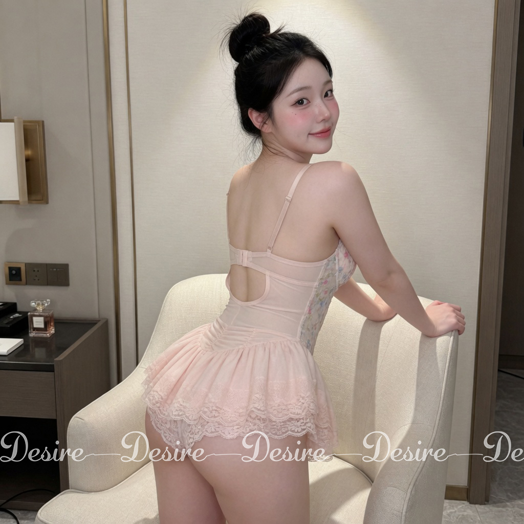 Desire Store, Đầm ngủ Váy ngủ hoa nhí hai dây có mút ngưc kèm chip sexy, gợi cảm DESIRE VN-1208 (Floral Corset-Style Nightdress with Padded Cups, Matching Panties, and Sexy Garter Belt DESIRE 1208) image 3 of 12