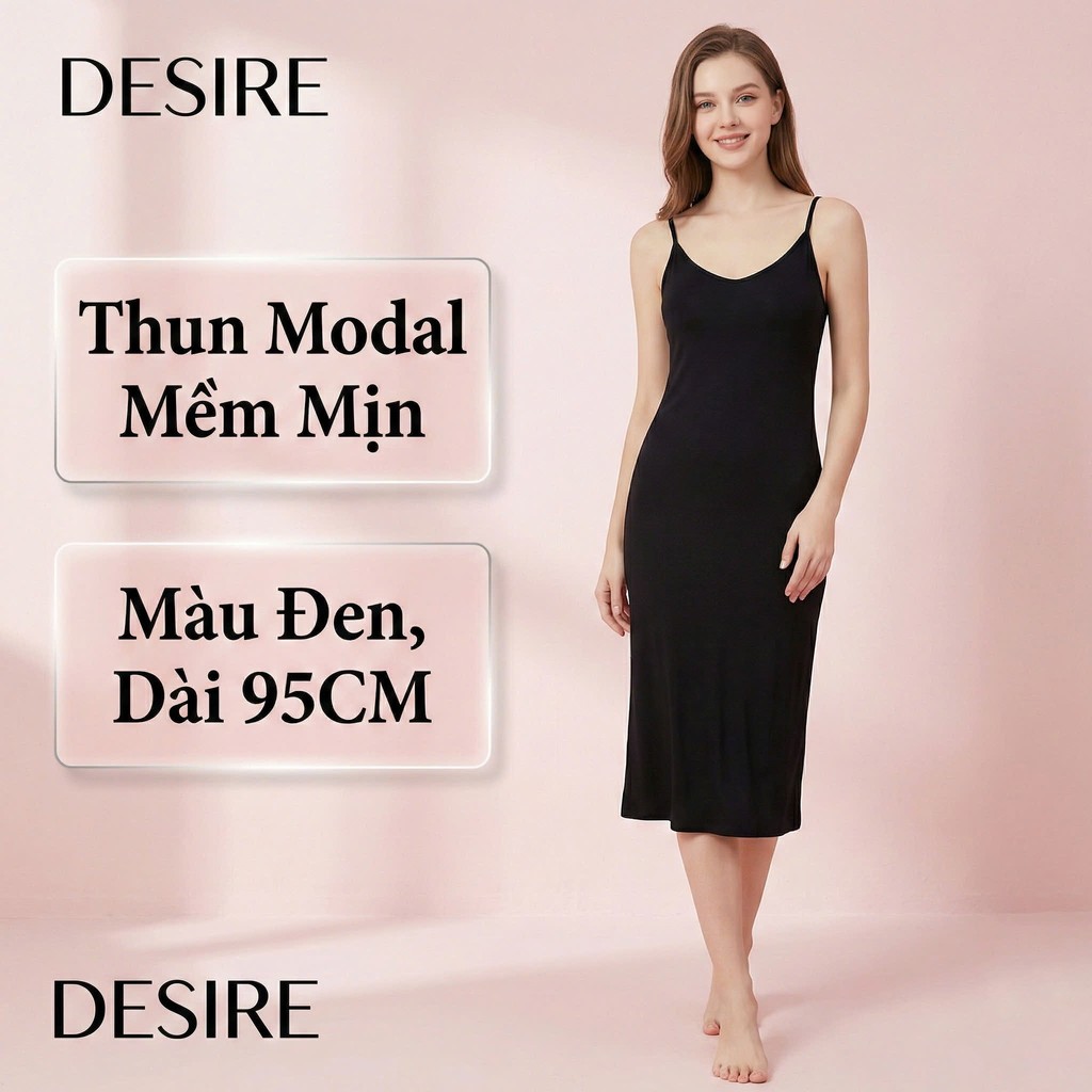 Desire Store, Váy hai dây mặc lót cổ V thun Modal (gỗ sồi) mềm mịn  đầm hai dây mặc lót dáng ôm BTM-1009 - Đen trung 95cm, M (40~49kg) image 21 of 34