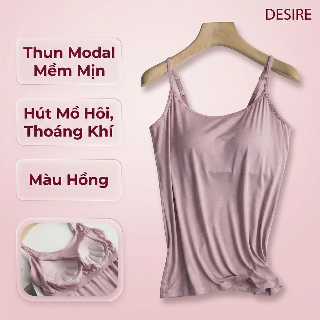 Desire Store, Áo lót hai dây thun Vicose hàng loại 1 cao cấp kèm mút ngực thông hơi A2010 - Hồng - Cup bàn tay, XXL(64-75kg) image 17 of 18