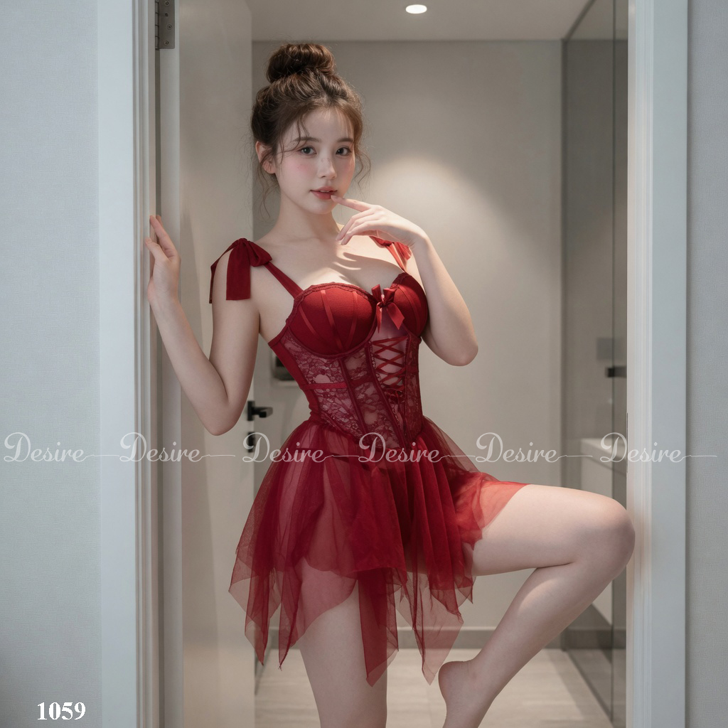 Desire Store, Váy ngủ ren xoè xuyên thấu có mút nâng ngực sexy gợi cảm kèm quần chip DESIRE 1059 (Sexy red lace camisole nightdress with matching panties DESIRE-1059) image 17 of 18