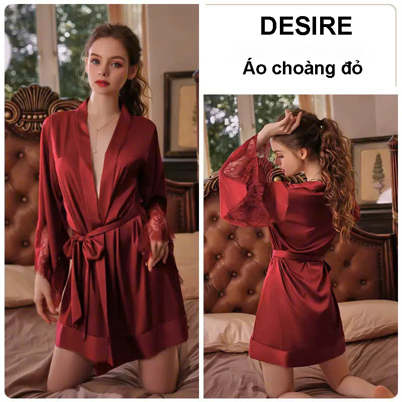 Desire Store, Áo choàng ngủ lụa tay phối ren choàng cô dâu Bride satin cao cấp VN-1001 - Đỏ, Freesize 40-68kg image 10 of 12