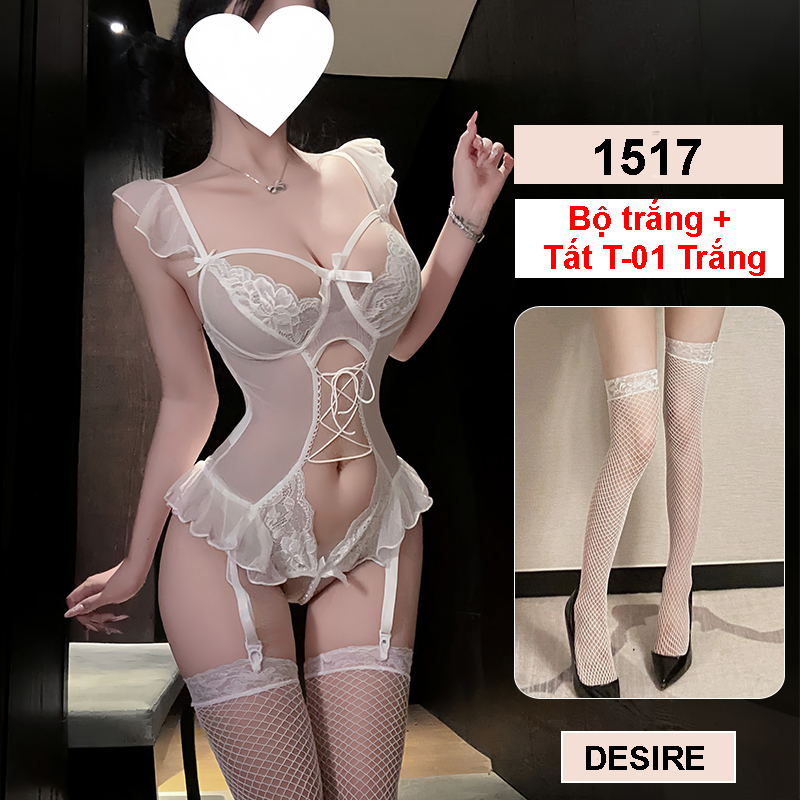 Desire Store, 1517 Bodysuit ren liền thân xẻ đáy đính ngọc trai xuyên thấu cao cấp DESIRE - Trắng+Tất T-01 image 18 of 18