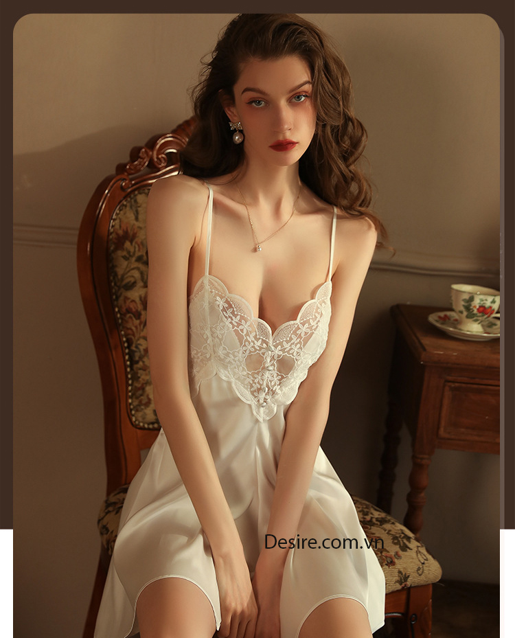 Desire Store, Váy ngủ nữ lụa phối ren hoa phong cách hai dây phối sexy gợi cảm VN-1854 image 3 of 13