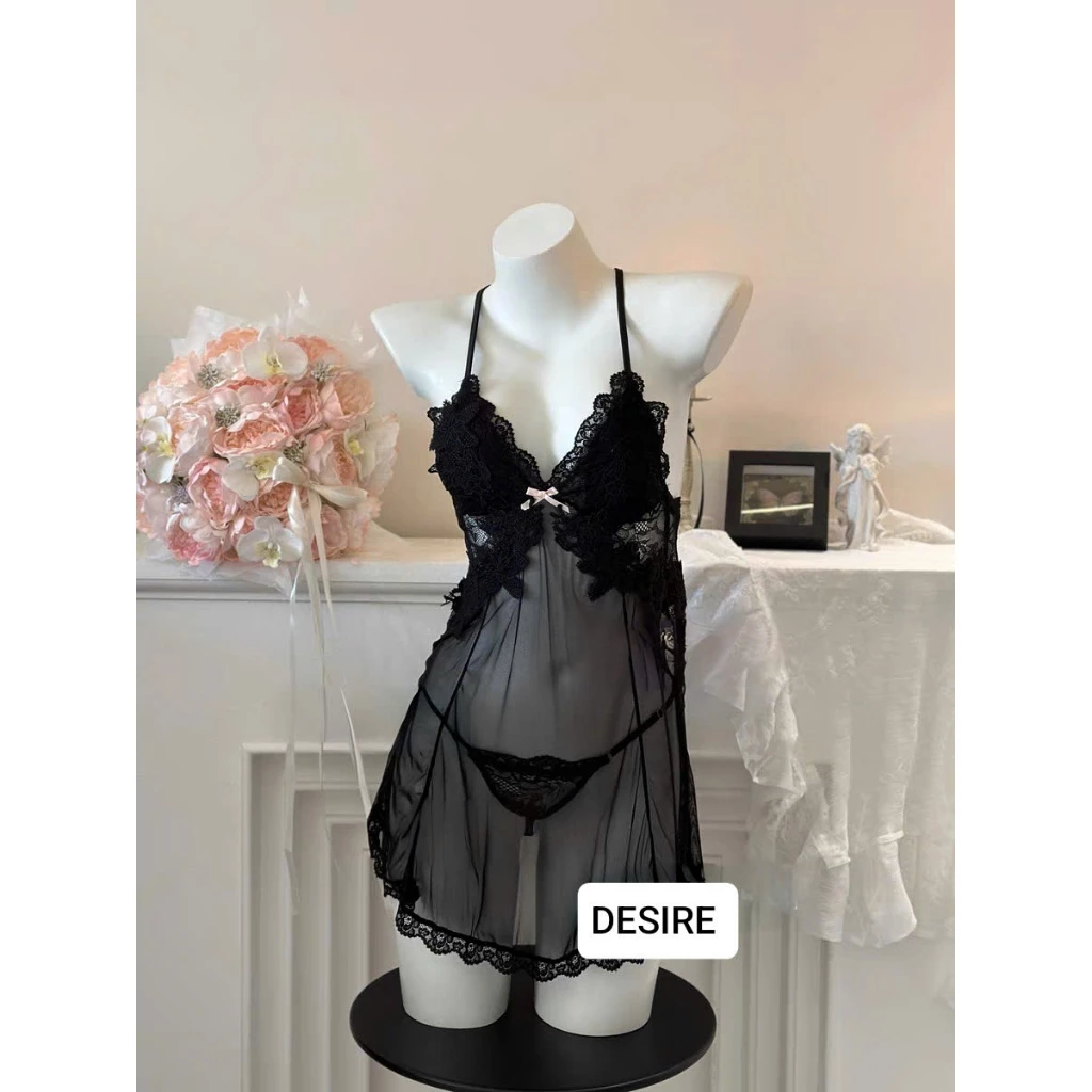 Desire Store, Váy Ngủ Ren Phối Hoa Xuyên Thấu Sexy Cao Cấp Kèm Quần Chip DESIRE VN-1899 - Đen, XL image 11 of 17