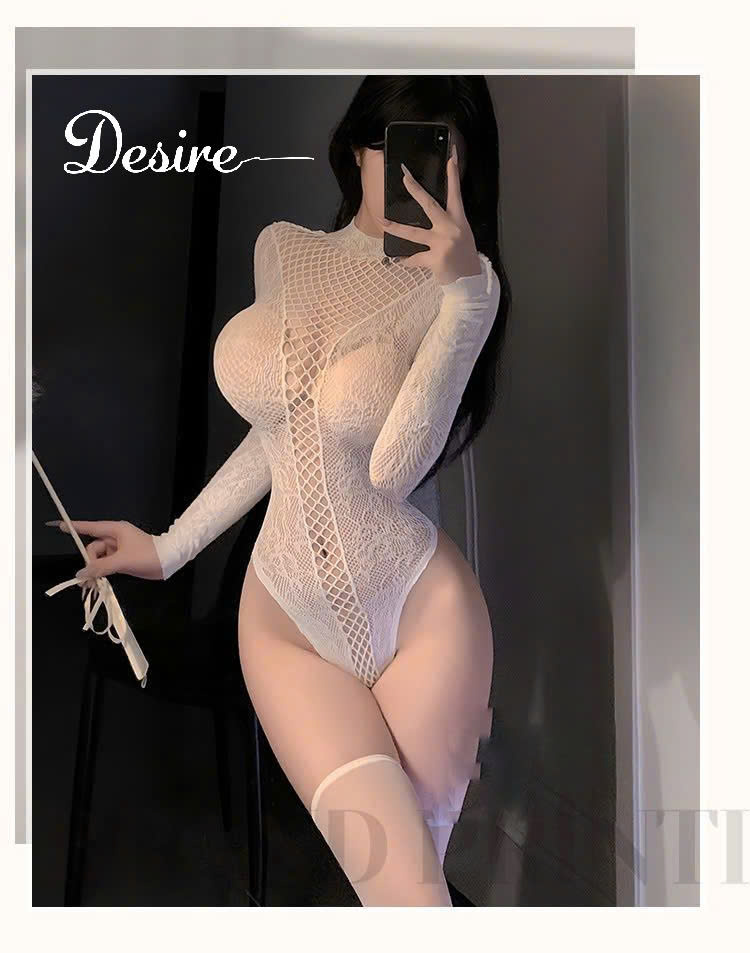 Desire Store, Bodysuit Ren Lưới Hoa Tay Dài Cổ Cao - Đồ ngủ xuyên thấu  DESIRE 7573 (DESIRE 7573 High-Neck Long-Sleeve Floral Lace & Mesh Bodysuit – Sheer Lingerie) image 7 of 24