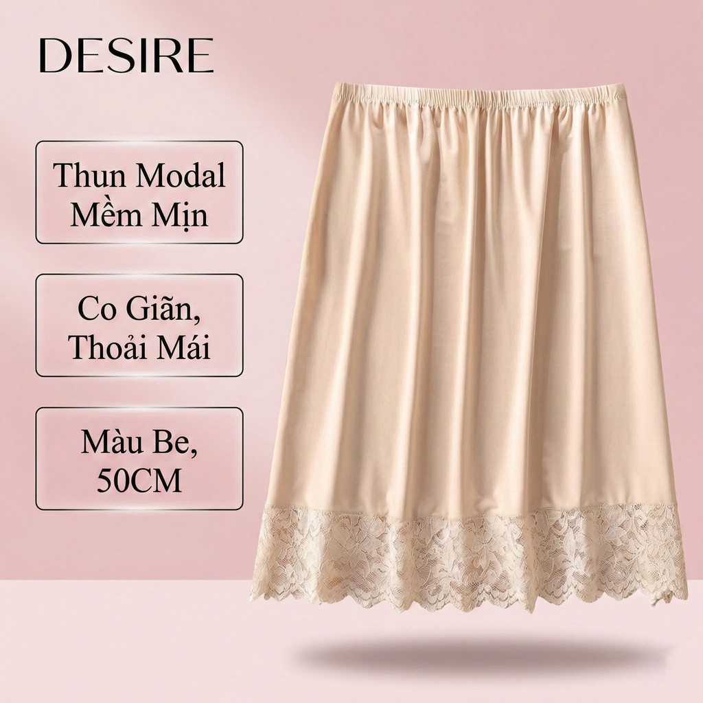 Desire Store, Chân Váy lót thun modal  (gỗ sồi) dáng xòe rộng thoải mái - Chân váy mặc lót thun mịn mát Desire VN-064-2 - Be 50cm viền ren, M image 24 of 39