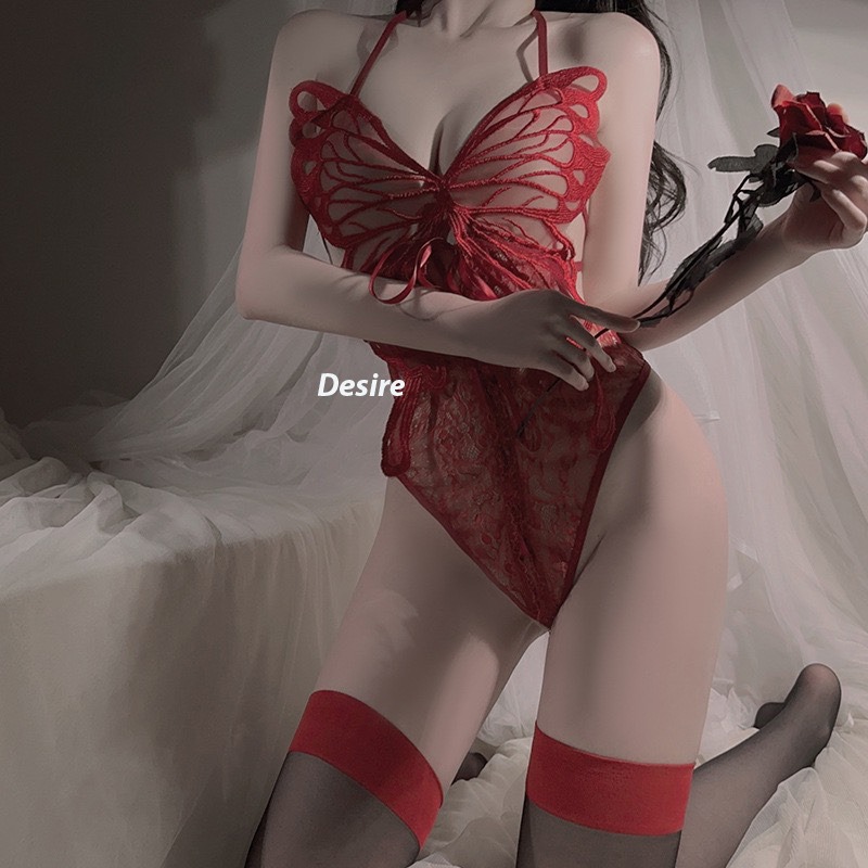 Desire Store, ✨ BODYSUIT REN CÁNH BƯỚM ĐAN DÂY BỤNG RED WINE - DESIRE STORE ✨ VN-4009  (✨ Red Wine Lace Butterfly Bodysuit with Lace-Up Waist - DESIRE STORE ✨ VN-4009) - ĐỎ image 12 of 13