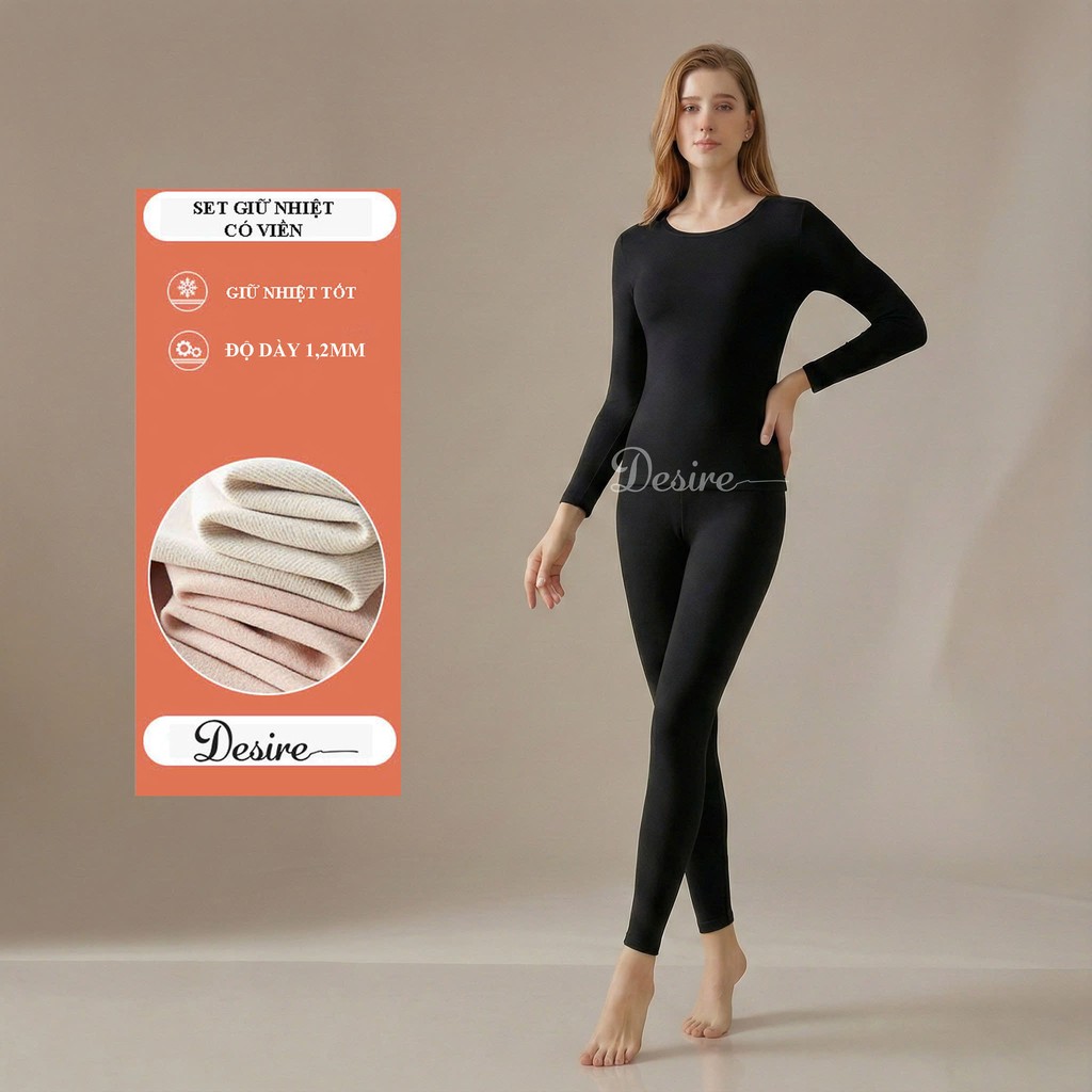 Desire Store, Đồ bộ giữ nhiệt nữ giới mùa đông siêu nhẹ ấm áp vải Nhung lót Len Cashmere không đường viền AGN-002 - Màu Đen có viền, 3XL (70-80 KG) image 14 of 23