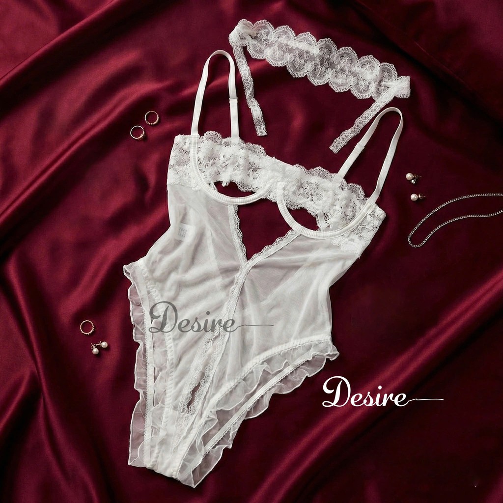 Desire Store, Bộ váy ngủ liền thân Bodysuit ren có gọng DESIRE VN-8914 - Váy trắng + Bịt mắt W23, L(53-63kg) image 16 of 18