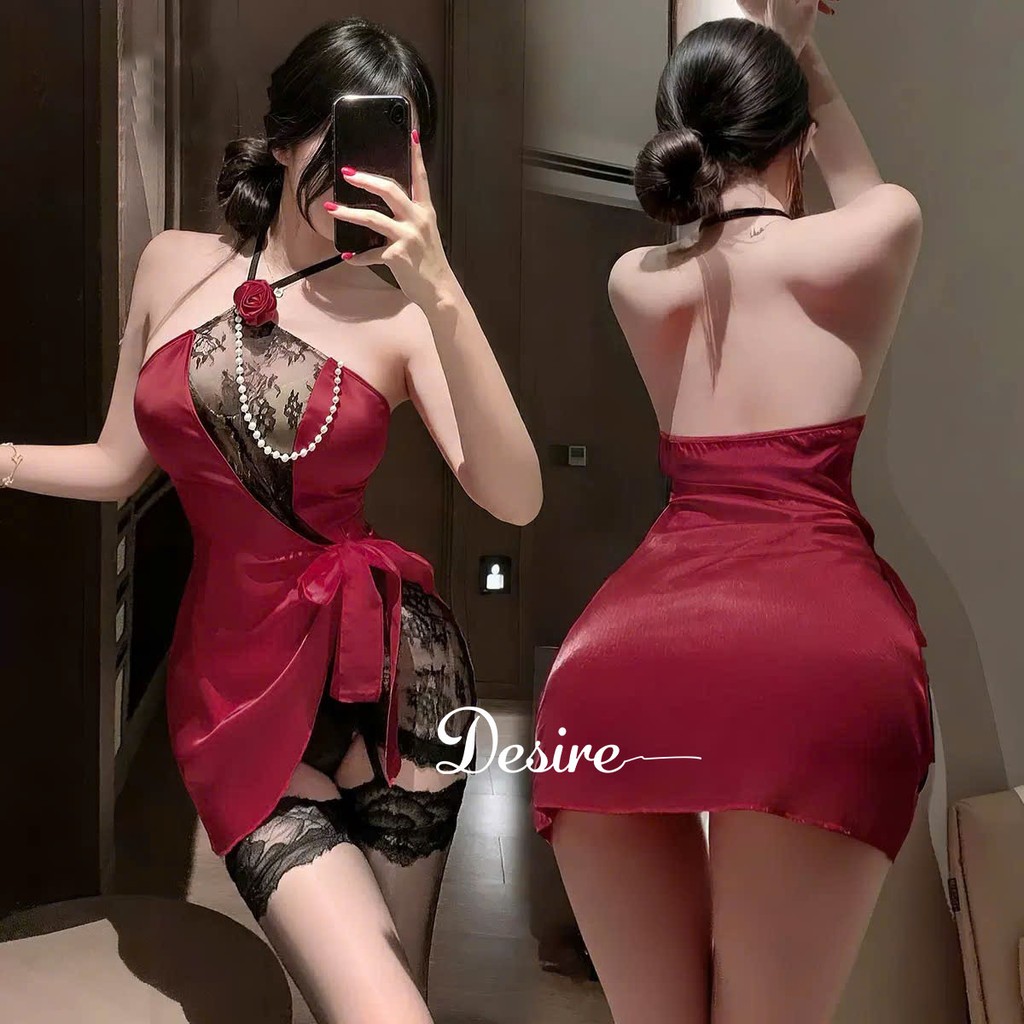 Desire Store, Váy Ngủ Sexy Cổ Yếm Đỏ Quyến Rũ - Đầm Ngủ Đính Hoa Hồng Phối Ren Sang Trọng DESIRE ZY181 image 2 of 11
