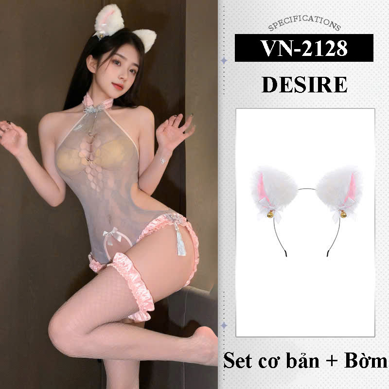 Desire Store, Bộ Bodysuit Lưới - Đồ ngủ Sexy Xuyên Thấu Phối Ren Gợi Cảm Ôm Sát Tôn Dáng Cao Cấp DESIRE VN-2128 - Set cơ bản + Bờm lông dày image 8 of 8