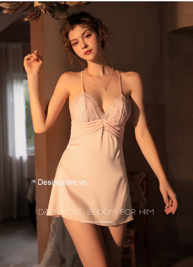 Desire Store, Váy ngủ lụa Đầm ngủ hai dây lụa phối ren dây lưng chữ Y gợi cảm sexy VN-700 image 6 of 9