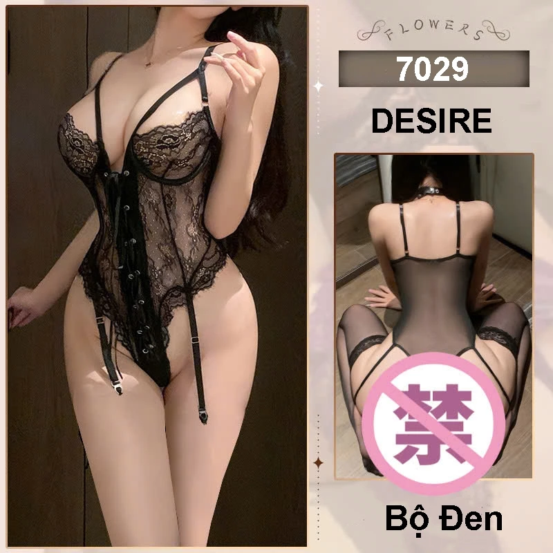 Desire Store, 7029 Bodysuit Ren - Bộ đồ ngủ liền thân có gọng ngực kèm dây đeo tất sexy DESIRE - Đen image 9 of 14
