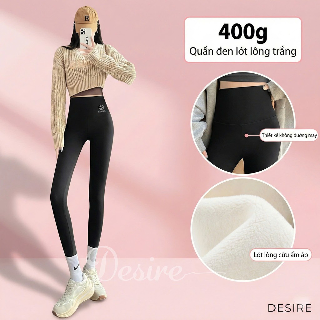 Desire Store, Quần legging cạp cap giữ nhiệt lót nỉ bông dày phong cách năng động thể thao Heitag Cá mập QGN-9113 - Đen Lót lông Trắng, M(40-48kg) image 11 of 14