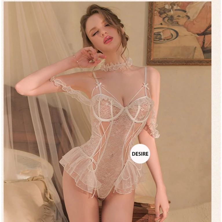 Desire Store, Bộ đồ ngủ liền thân tay cánh tiên quần lọt khe Bodysuit ren Váy ngủ liền thân gợi cảm DESIRE VN-8658 - Trắng không tất image 10 of 12
