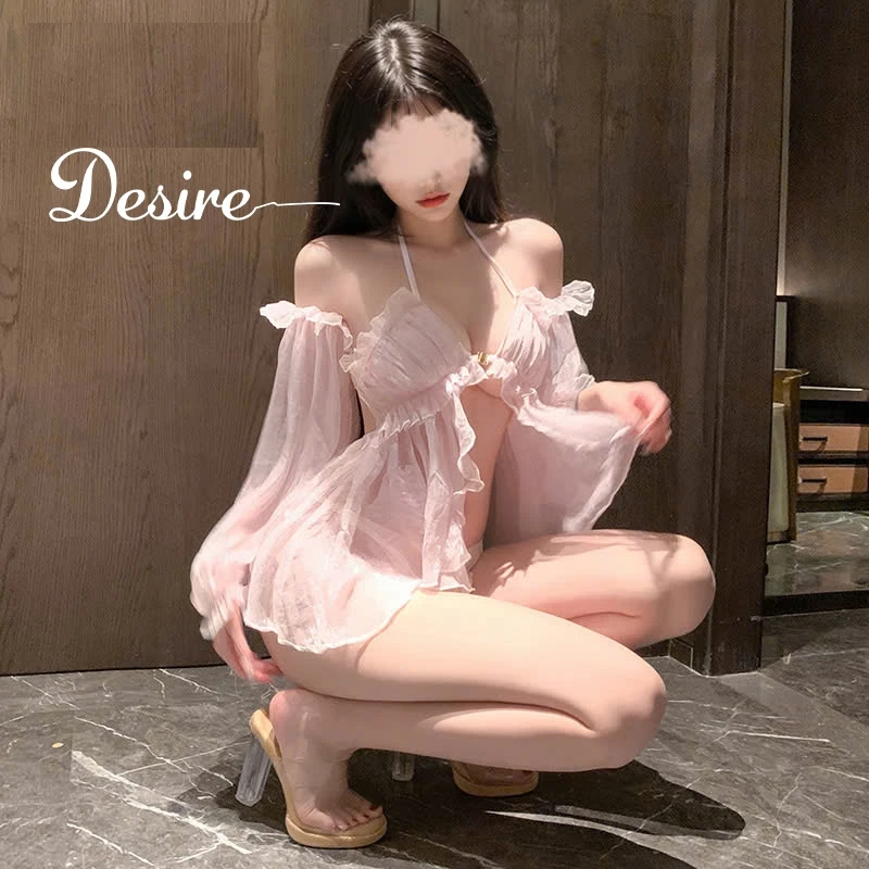 Desire Store, Váy ngủ cài ngực trước voan mềm tay bồng sexy DESIRE VN-6115 - Set cơ bản Hồng image 11 of 11