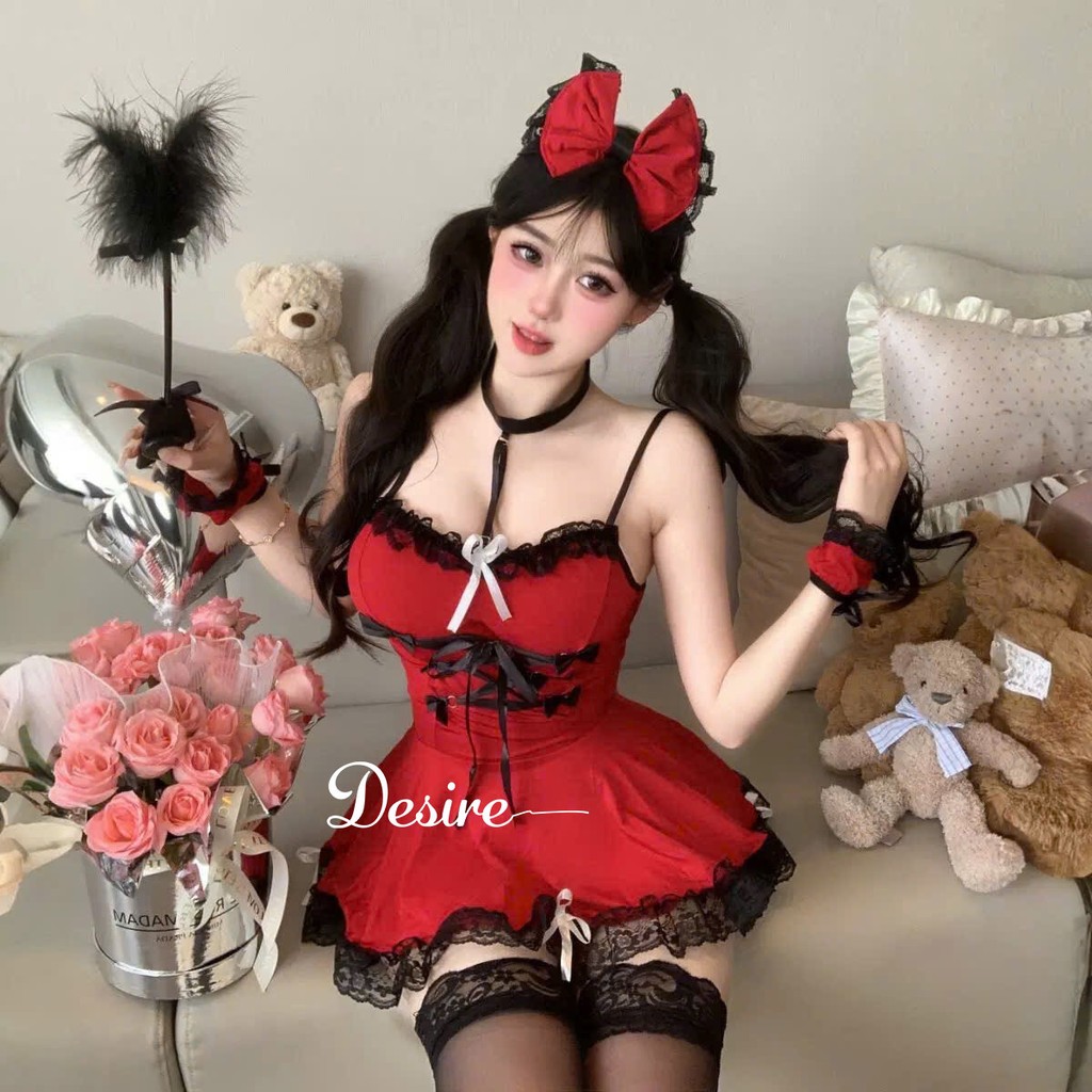 Desire Store, Bộ Đồ Ngủ Cosplay Cô Hầu Gái Sexy Màu Đỏ Đầy Đủ Phụ Kiện DESIRE VN-8255 image 5 of 10