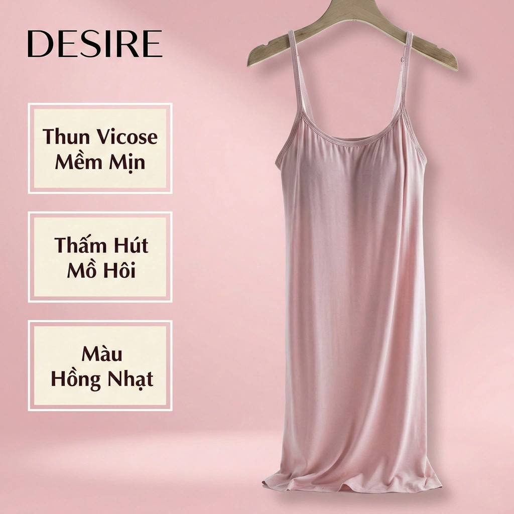 Desire Store, Váy đầm hai dây thun Vicose mềm mịn có đệm mút ngực và tăng đơ DESIRE VNN-0072 - Hồng nhạt, M image 20 of 21