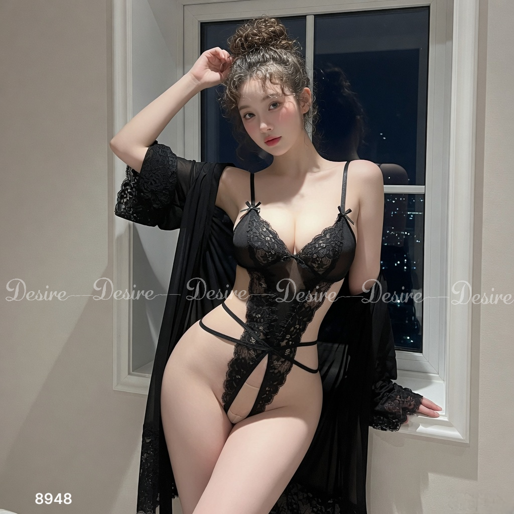 Desire Store, Bộ bodysuit ren xuyên thấu - Bộ ngủ liền thân có xẻ đáy sexy quyến rũ DESIRE 8948 (Sheer lace bodysuit with a navel-baring design – Seductive, alluring one-piece sleepwear with an open crotch DESIRE 8948) image 20 of 40