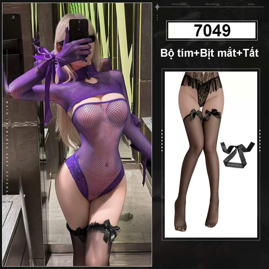 Desire Store, 7049 Bộ đồ lót liền thân Bodysuit lưới xuyên thấu sexy gợi cảm DESIRE  - Bộ tím + Tất T-04 +Bịt mắt BM-04 image 20 of 20