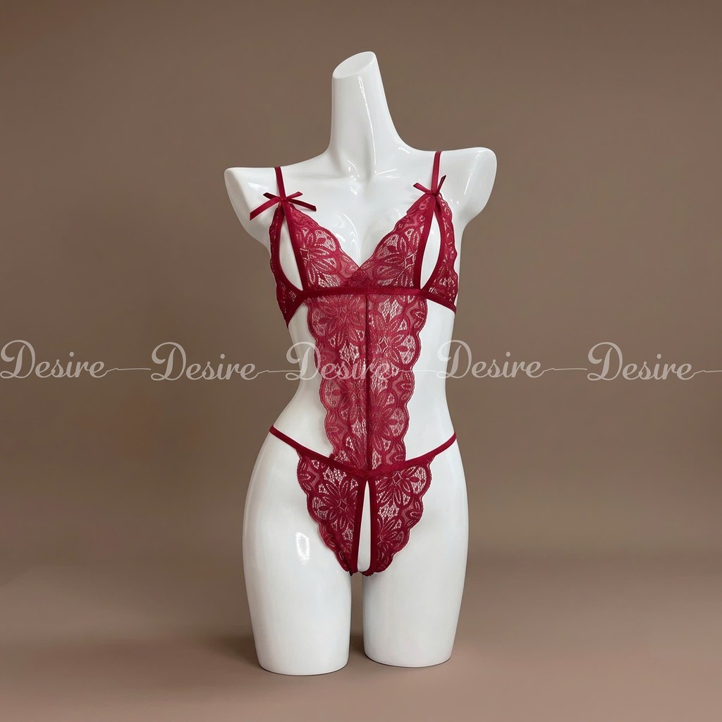 Desire Store, Set đồ lót liền thân ren xẻ đáy và Áo choàng lụa set lót ren gợi cảm sexy VN-8458 - Nội y ren Đỏ, M (40-54kg) image 11 of 22