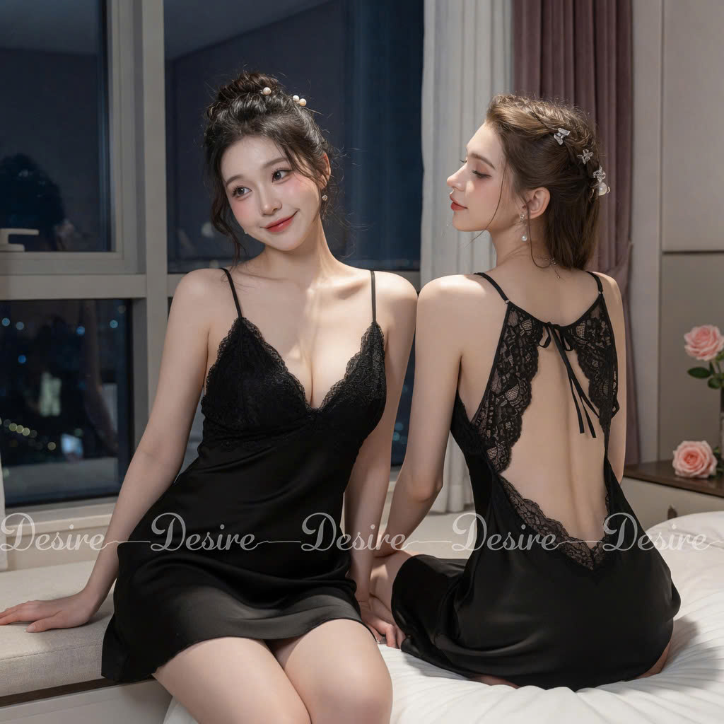 Desire Store, Váy ngủ lụa phối ren cut out lưng gợi cảm có mút ngực Hàng cao cấp GUIRUO loại 1 DESIRE VN-2621 (GUIRUO Premium "DESIRE 2621" Silk & Lace Nightgown – Sexy Open-Back Cut-Out Design with Built-in Bust Pads) - Đen, L image 12 of 13