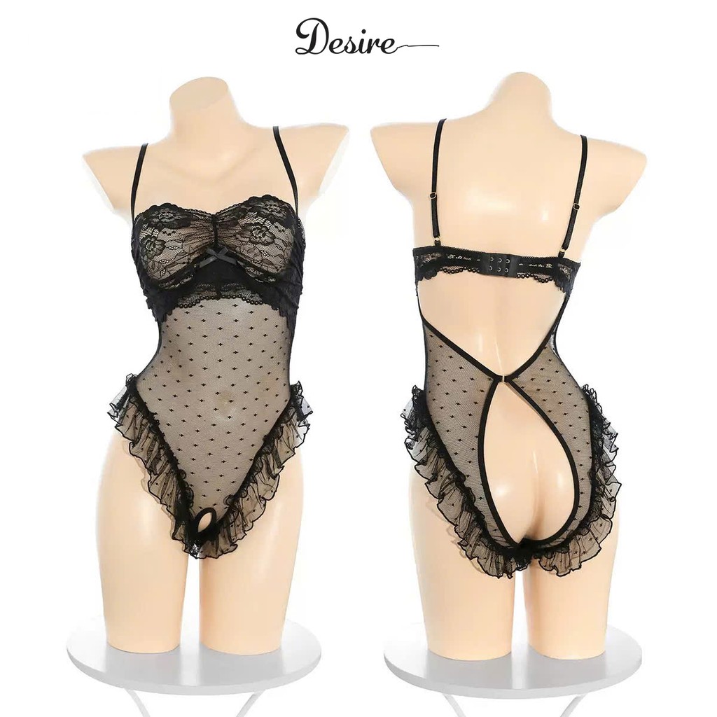 Desire Store, Bodysuit Lưới Chấm Bi Phối Ren Đen Viền Bèo Quyến Rũ DESIRE - 1499 (Alluring Black Polka-Dot Mesh Bodysuit with Lace and Ruffle Trim DESIRE -1499) image 3 of 12