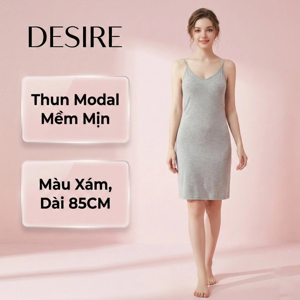 Desire Store, Váy ngủ mặc lót Nữ cổ V chất thun Modal Gỗ sồi cao cấp - Váy hai dây mặc trong mềm mịn dáng ôm DESIRE BTM-1009 - Xám ngắn 80cm, XL (56~62kg) image 13 of 21