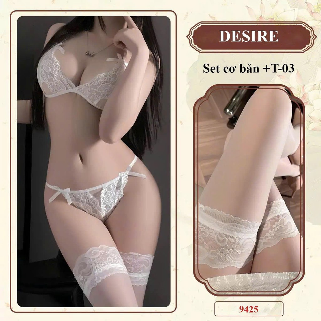 Desire Store, 9425 Bộ đồ lót ren xuyên thấu cột dây quần chip lọt khe sexy quyến rũ DESIRE - Trắng + Tất T-03 image 10 of 10