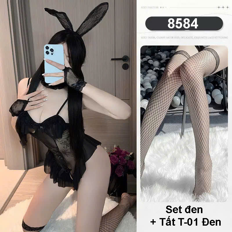 Desire Store, 8584 Bộ đồ ngủ Cosplay Cô Nàng Thỏ sexy đầy đủ phụ kiện - Bodysuit thiết kế xẻ đáy DESIRE - Đen+Tất T-01 image 14 of 16